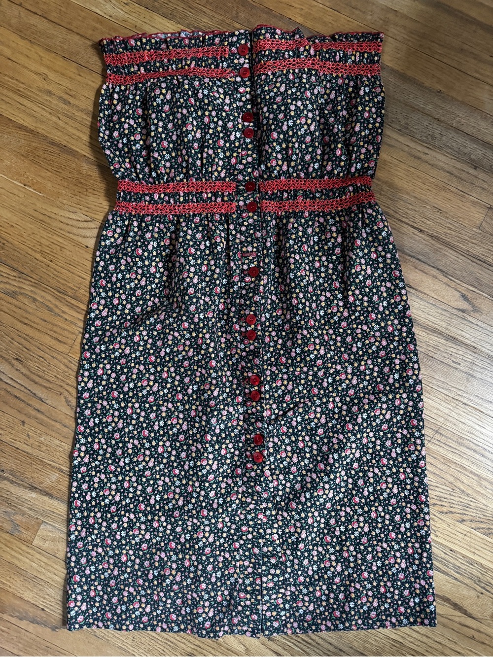 Vintage Strapless Black Floral Button-Front Dress with hand sewn Red Trim